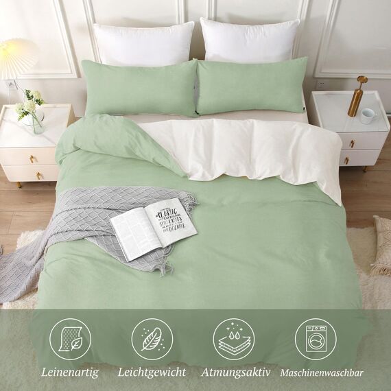 SOULFUL Bettwäsche 200x200 Baumwolle 3 Teilig, Bettwäsche-Sets Limonengrün mit Reißverschluss, Ähnliche Textur wie Stone Washed Leinen, Enthält 1 Bettbezug 200x200 und 2 Kissenbezug 80x80