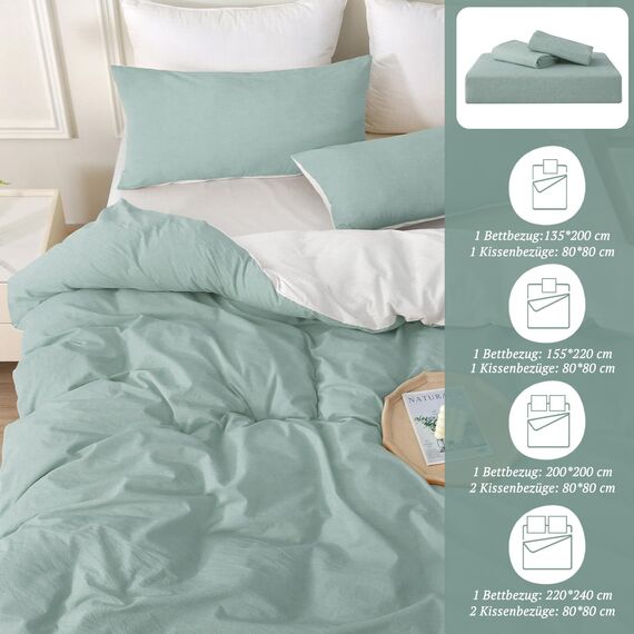 SOULFUL Bettwäsche 200x200 Baumwolle 3 Teilig, Bettwäsche-Sets Aquagrün mit Reißverschluss, Ähnliche Textur wie Stone Washed Leinen, Enthält 1 Bettbezug 200x200 und 2 Kissenbezug 80x80