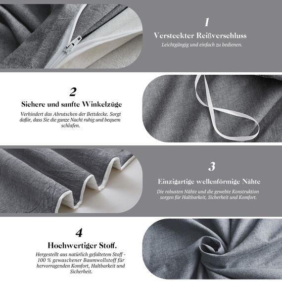 SOULFUL Bettwäsche 155x220 Baumwolle 2 Teilig, Bettwäsche-Sets Dunkelgrau2 mit Reißverschluss, Ähnliche Textur wie "Stone Washed" Leinen, Enthält 1 Bettbezug 155x220 und 1 Kissenbezug 80x80