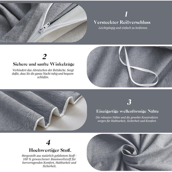 SOULFUL Bettwäsche 200x200 Baumwolle 3 Teilig, Bettwäsche-Sets Dunkelgrau mit Reißverschluss, Ähnliche Textur wie Stone Washed Leinen, Enthält 1 Bettbezug 200x200 und 2 Kissenbezug 80x80