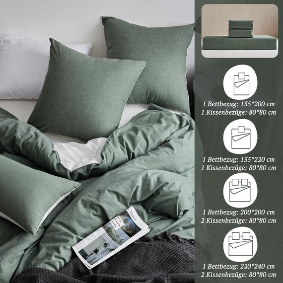 SOULFUL Bettwäsche 135x200 Baumwolle, Bettwäsche-Sets Salbei Grün mit Reißverschluss, Ähnliche Textur wie Stone Washed Leinen, Enthält 1 Bettbezug 135x200 und 1 Kissenbezug 80x80