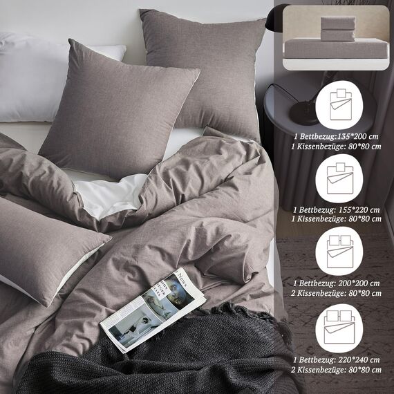SOULFUL Bettwäsche 155x220 Baumwolle 2 Teilig, Bettwäsche-Sets Kaffee Dunkel mit Reißverschluss, Ähnliche Textur wie Stone Washed Leinen, Enthält 1 Bettbezug 155x220 und 1 Kissenbezug 80x80