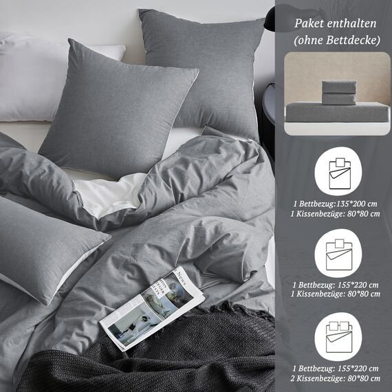 SOULFUL Bettwäsche 135x200 Baumwolle 2 Teilig, Bettwäsche-Sets Dunkelgrau2 mit Reißverschluss, Ähnliche Textur wie Stone Washed Leinen, Enthält 1 Bettbezug 135x200 und 1 Kissenbezug 80x80