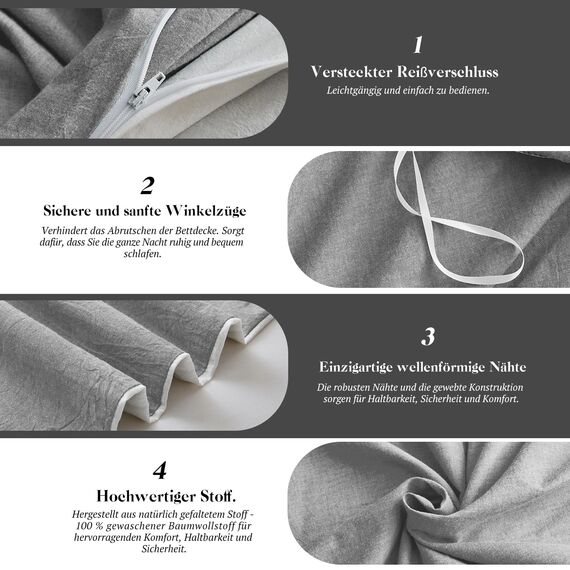 SOULFUL Bettwäsche 135x200 Baumwolle 2 Teilig, Bettwäsche-Sets Rauchgrau mit Reißverschluss, Ähnliche Textur wie Stone Washed Leinen, Enthält 1 Bettbezug 135x200 und 1 Kissenbezug 80x80