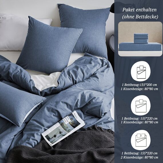 SOULFUL Bettwäsche 135x200 Baumwolle 4 Teilig, Bettwäsche-Sets Denim Blue mit Reißverschluss, Ähnliche Textur wie Stone Washed Leinen, Enthält 2 Bettbezug 135x200 und 2 Kissenbezug 80x80