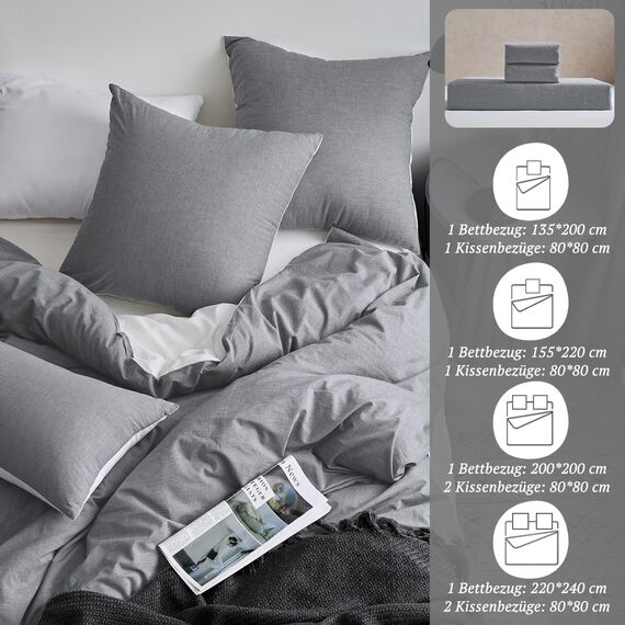SOULFUL Bettwäsche 135x200 Baumwolle 4 Teilig, Bettwäsche-Sets Dunkelgrau mit Reißverschluss, Ähnliche Textur wie Stone Washed Leinen, Enthält 2 Bettbezug 135x200 und 2 Kissenbezug 80x80