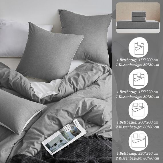 SOULFUL Bettwäsche 135x200 Baumwolle 2 Teilig, Bettwäsche-Sets Rauchgrau mit Reißverschluss, Ähnliche Textur wie Stone Washed Leinen, Enthält 1 Bettbezug 135x200 und 1 Kissenbezug 80x80
