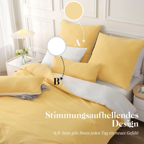 SOULFUL Bettwäsche 220x240 Baumwolle 3 Teilig, Bettwäsche-Sets Gelb mit Reißverschluss, Ähnliche Textur wie Stone Washed Leinen, Enthält 1 Bettbezug 220x240 und 2 Kissenbezug 80x80