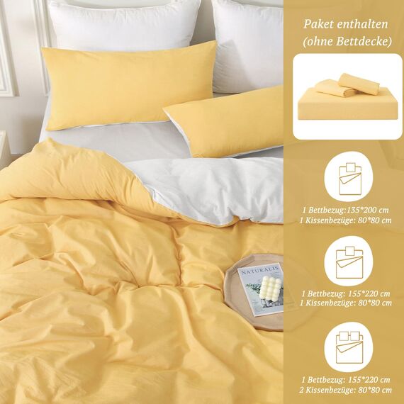 SOULFUL Bettwäsche 220x240 Baumwolle 3 Teilig, Bettwäsche-Sets Gelb mit Reißverschluss, Ähnliche Textur wie Stone Washed Leinen, Enthält 1 Bettbezug 220x240 und 2 Kissenbezug 80x80