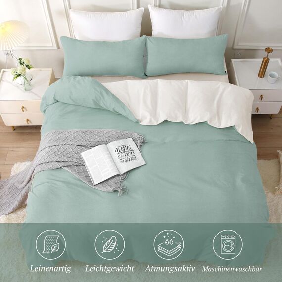 SOULFUL Bettwäsche 220x240 Baumwolle 3 Teilig, Bettwäsche-Sets Aquagrün mit Reißverschluss, Ähnliche Textur wie Stone Washed Leinen, Enthält 1 Bettbezug 220x240 und 2 Kissenbezug 80x80