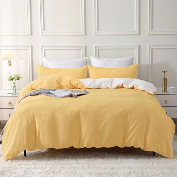 SOULFUL Bettwäsche 220x240 Baumwolle 3 Teilig, Bettwäsche-Sets Gelb mit Reißverschluss, Ähnliche Textur wie Stone Washed Leinen, Enthält 1 Bettbezug 220x240 und 2 Kissenbezug 80x80