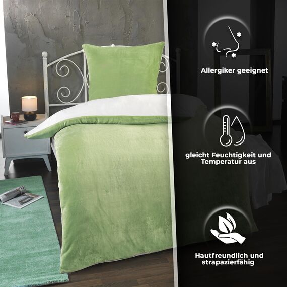 MALIKA Winter Plüsch Wendebettwäsche Nicky-Teddy 'Cashmere Touch' 135-155 - 200x200 Coral Fleece, Farbe:BEIGE-GRÜN, Größe:155 x 220 cm