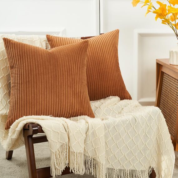 Topfinel Kissenbezug 45x45 Herbst Karamell Orange 2er Set Cord Kissenbezüge Kissenhülle Sofakissen Dekokissen deko für Sofa Bett Wohnzimmer Kinder flauschig