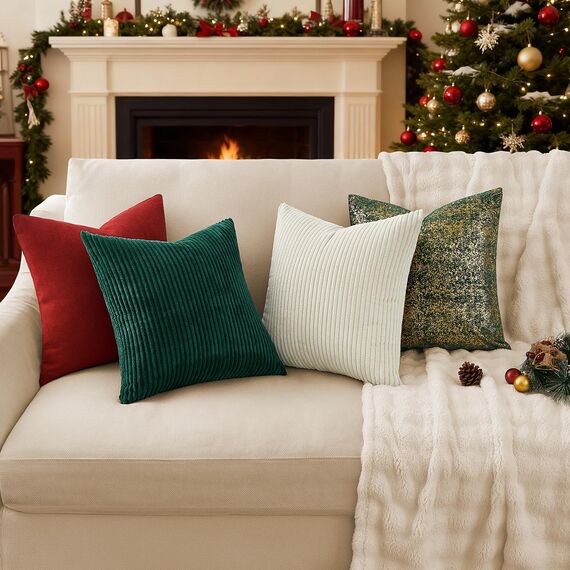 Topfinel Kissenbezug 45x45 2er Set Weihnachten dunkelgrün Kordsamt gestreiftes Muster Kissenbezüge Kissenhülle Dekokissen Sofakissen Couchkissen Dekokissen Zierkissen