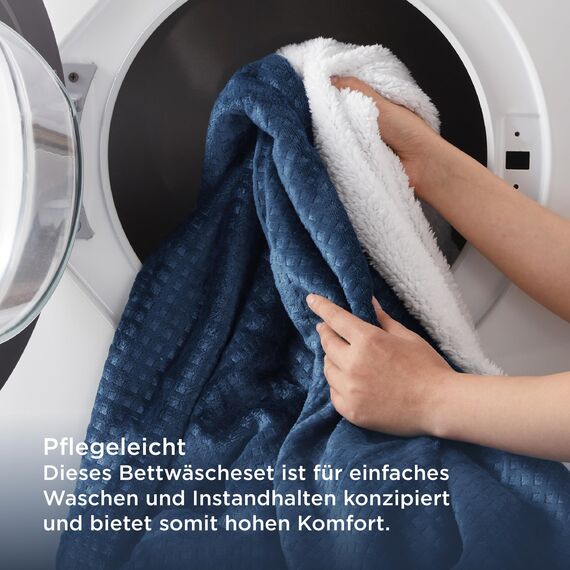 BEDSURE Flauschige Bettwäsche 155x220 Blau - Winter Bettbezug Fleece mit 2 Kissenbezüge 80x80 cm, Warme Bettwäsche-Sets mit Reißverschluss, Waffelpique Winterbettwäsche für Doppelbett