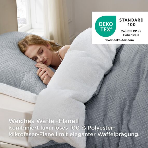BEDSURE Flauschige Bettwäsche 155x220 Grau - Winter Bettbezug Fleece mit 2 Kissenbezüge 80x80 cm, Warme Bettwäsche-Sets mit Reißverschluss, Waffelpique Winterbettwäsche für Doppelbett