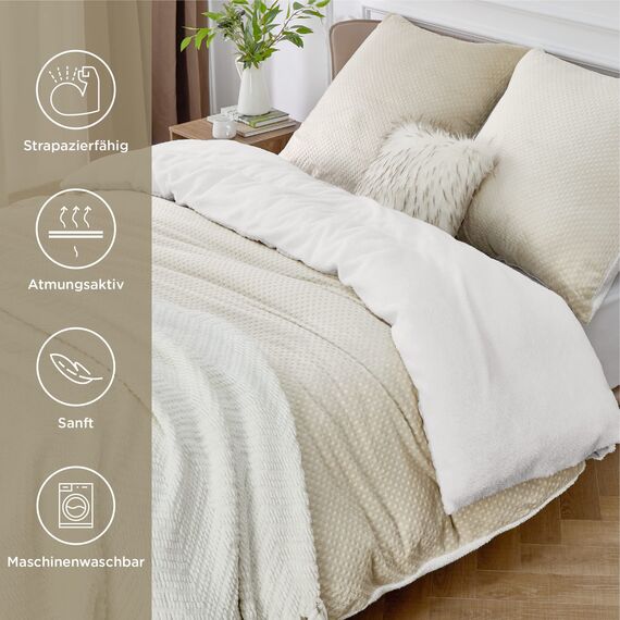 BEDSURE Flauschige Bettwäsche 155x220 Beige - Winter Bettbezug Fleece mit 2 Kissenbezüge 80x80 cm, Warme Bettwäsche-Sets mit Reißverschluss, Waffelpique Winterbettwäsche für Doppelbett