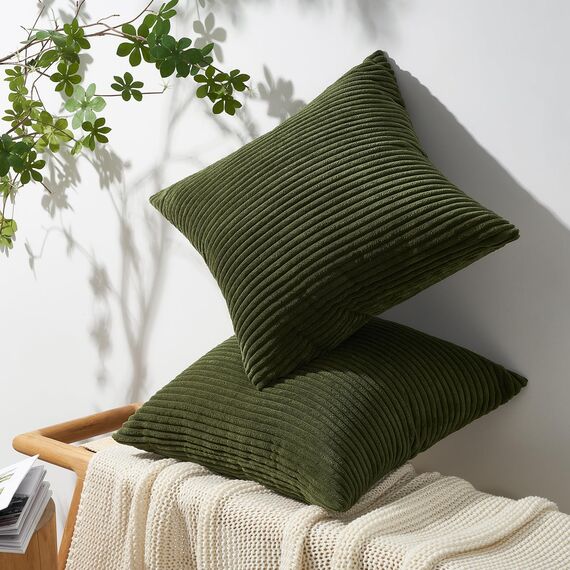 Topfinel Kissenbezug 45x45 Olivengrün Kordsamt 2er Set gestreiftes Muster Kissenbezüge Kissenhülle Dekokissen Sofakissen Couchkissen Dekokissen Zierkissenbezug Deko Kissenhüllen Wohnzimmer