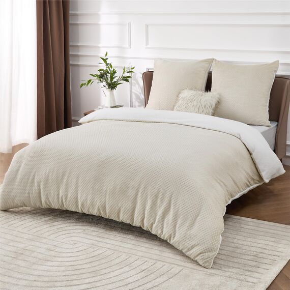 BEDSURE Flauschige Bettwäsche 155x220 Beige - Winter Bettbezug Fleece mit 2 Kissenbezüge 80x80 cm, Warme Bettwäsche-Sets mit Reißverschluss, Waffelpique Winterbettwäsche für Doppelbett