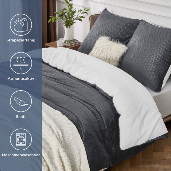 BEDSURE Flauschige Bettwäsche 200x200 Dunkelgrau - Winter Bettbezug Fleece mit 2 Kissenbezüge 80x80 cm, Warme Bettwäsche-Sets mit Reißverschluss, Kuschel Waffelpique Winterbettwäsche für Doppelbett