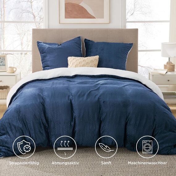 BEDSURE Flauschige Bettwäsche 155x220 Blau - Winter Bettbezug Fleece mit 2 Kissenbezüge 80x80 cm, Warme Bettwäsche-Sets mit Reißverschluss, Waffelpique Winterbettwäsche für Doppelbett