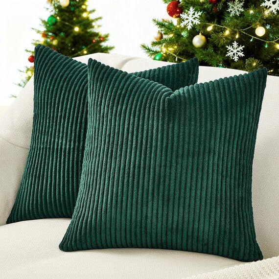 Topfinel 2er Set Kissenbezug 50x50 dunkelgrün Kordsamt gestreiftes Muster Kissenbezüge Kissenhülle Dekokissen Sofakissen Couchkissen Dekokissen Zierkissenbezug Deko Kissenhüllen Wohnzimmer