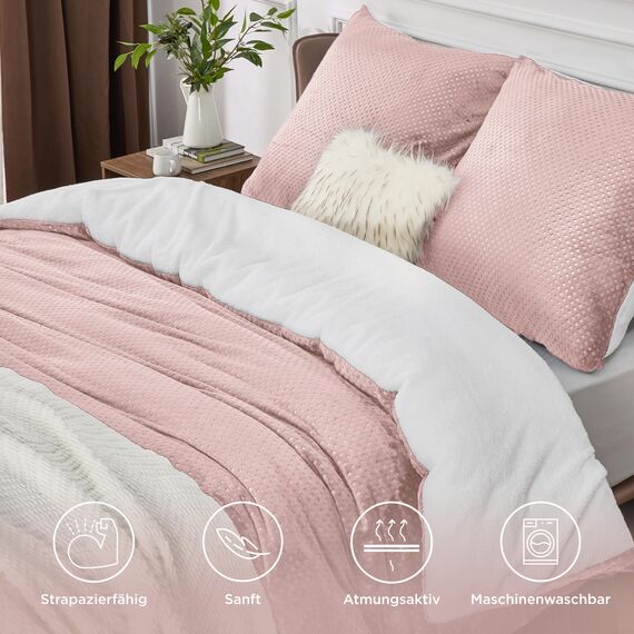 BEDSURE Flauschige Bettwäsche 200x200 Rosa - Winter Bettbezug Fleece mit 2 Kissenbezüge 80x80 cm, Warme Bettwäsche-Sets mit Reißverschluss, Kuschel Waffelpique Winterbettwäsche für Doppelbett