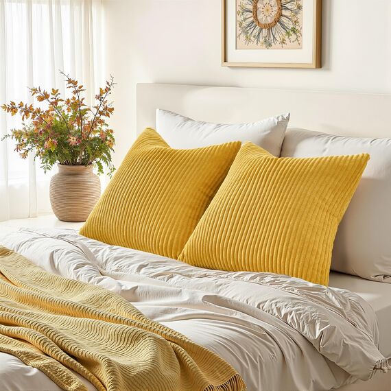 Topfinel Kissenbezug 50x50 Kordsamt 2er Set Gelb gestreiftes Muster Kissenbezüge Kissenhülle Dekokissen Sofakissen Couchkissen Dekokissen Zierkissenbezug Deko Kissenhüllen Wohnzimmer Schlafzimmer