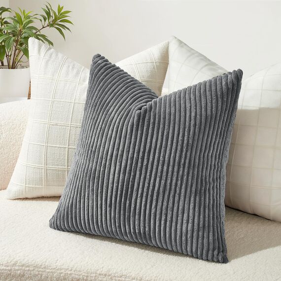 Topfinel 2er Set Kissenbezug 40x40 Dunkle Grau Kordsamt gestreiftes Muster Kissenbezüge Kissenhülle Dekokissen Sofakissen Nackenkissen Kopfkissen Couchkissen Dekokissen Deko Wohnzimmer