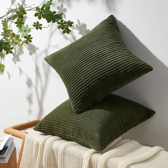 Topfinel 2er Set Kissenbezüge 80x80cm Kord Kissenhülle Dekorative Kissenbezug Sofakissen Couchkissen Dekokissen Zierkissenbezug Deko Kissenhülle Olivgrün