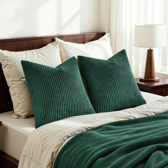 Topfinel Kissenbezug 80x80 Dunkelgrün Kordsamt 2er Set Gestreiftes Muster Kissenbezüge Kissenhülle Dekokissen Sofakissen Couchkissen Dekokissen Zierkisse