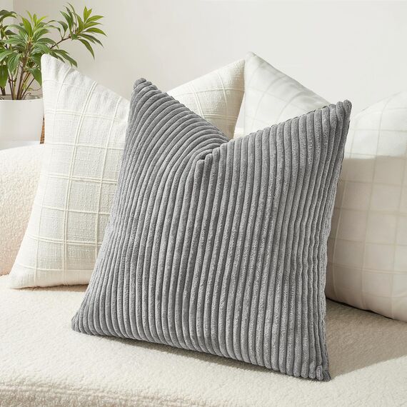 Topfinel 2er Set Kissenbezug 45x45 grau Kordsamt gestreiftes Muster Kissenbezüge Kissenhülle Dekokissen Sofakissen Couchkissen Dekokissen Zierkissenbezug Deko Kissenhüllen Wohnzimmer Schlafzimmer