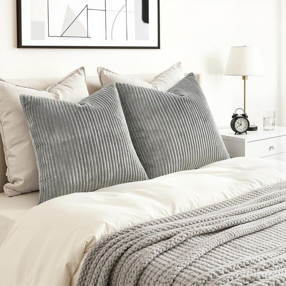 Topfinel 2er Set Kissenbezug 45x45 grau Kordsamt gestreiftes Muster Kissenbezüge Kissenhülle Dekokissen Sofakissen Couchkissen Dekokissen Zierkissenbezug Deko Kissenhüllen Wohnzimmer Schlafzimmer