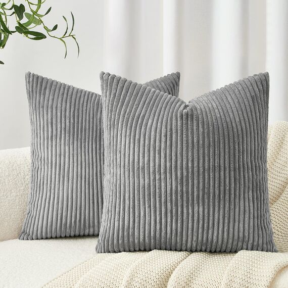 Topfinel 2er Set Kissenbezug 45x45 grau Kordsamt gestreiftes Muster Kissenbezüge Kissenhülle Dekokissen Sofakissen Couchkissen Dekokissen Zierkissenbezug Deko Kissenhüllen Wohnzimmer Schlafzimmer