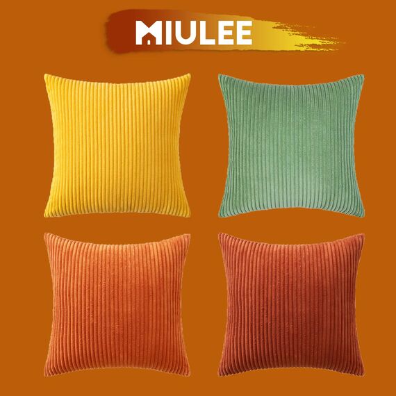 MIULEE Kordsamt Kissenbezug Weiche Kissenhülle Dekorative Sofakissen Quadratische Dekokissen Zierkissenbezug Gestreifte Kissenbezüge für Wohnzimmer Schlafzimmer 4 Stück 50x50cm Orange grüne Serie