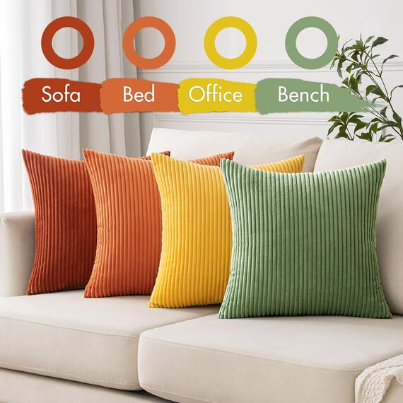 MIULEE Kordsamt Kissenbezug Weiche Kissenhülle Dekorative Sofakissen Quadratische Dekokissen Zierkissenbezug Gestreifte Kissenbezüge für Wohnzimmer Schlafzimmer 4 Stück 50x50cm Orange grüne Serie