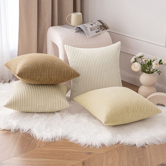 MIULEE Kordsamt Kissenbezug Weiche Kissenhülle Dekorative Sofakissen Quadratische Dekokissen Moderne Zierkissenbezug Gestreifte Kissenbezüge für Wohnzimmer Schlafzimmer 4 Stück 40x40cm Beige