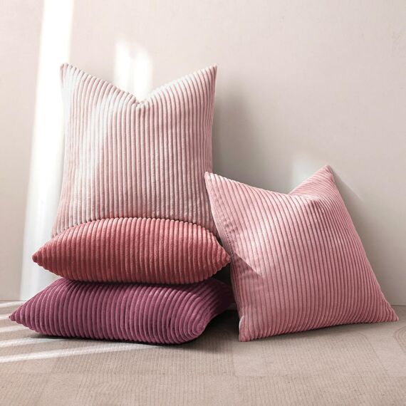 MIULEE Kissenbezug 45x45 4er Set Kordsamt Weiche Kissenhülle Dekorative Sofakissen Quadratische Dekokissen Zierkissenbezug Gestreifte Kissenbezüge für Wohnzimmer Dunkles Rosa