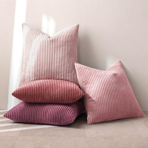 MIULEE Kissenbezug 60x60 4er Set Kordsamt Weiche Kissenhülle Dekorative Sofakissen Quadratische Dekokissen Zierkissenbezug Gestreifte Kissenbezüge für Wohnzimmer Dunkles Rosa