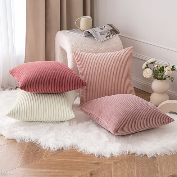 MIULEE Kordsamt Kissenbezug Weiche Kissenhülle Dekorative Sofakissen Quadratische Dekokissen Moderne Zierkissenbezug Gestreifte Kissenbezüge für Wohnzimmer Schlafzimmer 4 Stück 40x40cm Rosa