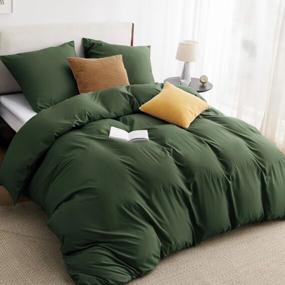 BEDSURE Bettwäsche 155x220 3teilig Grauolivgrün - 1 Bettbezug 155x220 cm + 2 Kissenbezüge 80X80 cm, ÖKO-TEX Bettwäsche-Sets Grün Polyester Mikrofaser mit Reißverschluss