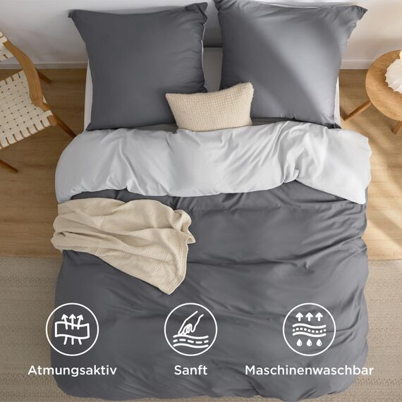 BEDSURE Bettwäsche 135x200 2teilig Grau/Anthrazit- Bettwäsche-Sets Bettbezug 135 x 200 cm mit 1 Kissenbezug 80x80 cm, Oeko-TEX Wendebettwäsche Bedding mit Reißverschluss