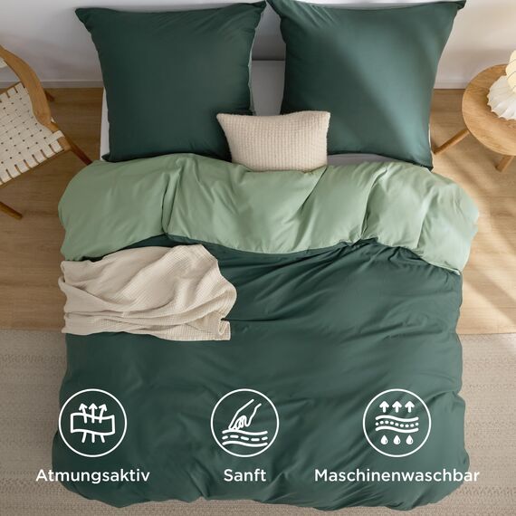 BEDSURE Bettwäsche 155x220 3teilig Salbeigrün/Dunkelgrün - Bettwäsche-Sets Bettbezug 155x220 mit 2 Kissenbezüge 80x80 cm, Oeko-TEX Wendebettwäsche Bedding mit Reißverschluss