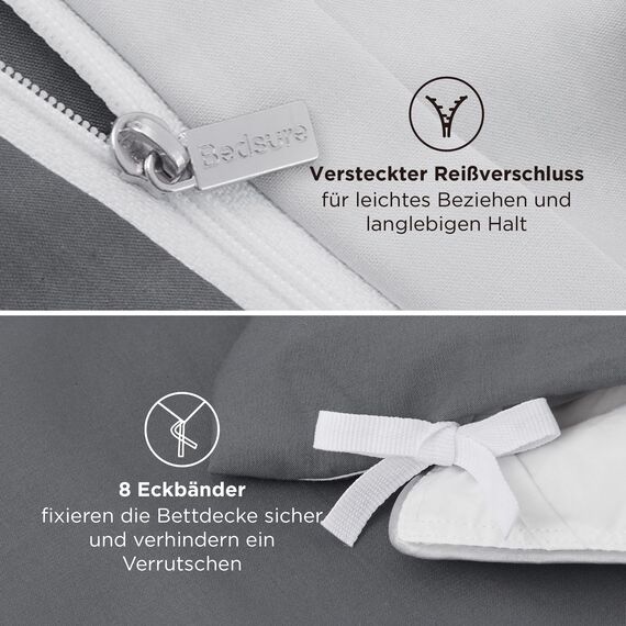 BEDSURE Bettwäsche 220x240 3teilig Grau/Anthrazit- Bettwäsche-Sets Bettbezug 220x240 mit 2 Kissenbezüge 80x80 cm, Oeko-TEX Wendebettwäsche Bedding mit Reißverschluss