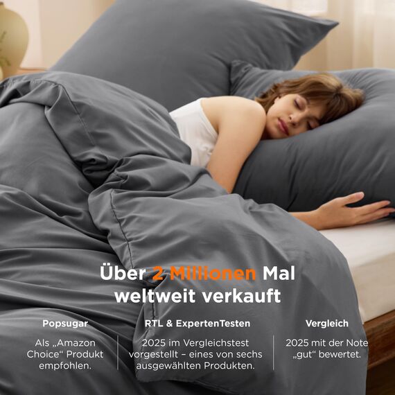 BEDSURE Bettwäsche 200x200 3teilig Anthrazit - 1 Bettbezug 200x200 cm + 2 Kissenbezüge 80X80 cm, ÖKO-TEX Bettwäsche-Sets Grau Polyester Mikrofaser mit Reißverschluss