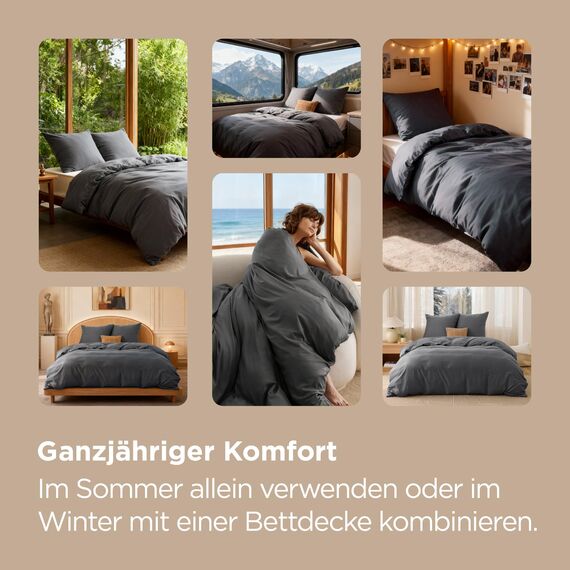 BEDSURE Bettwäsche 200x220 3teilig Anthrazit - 1 Bettbezug 200x220 cm + 2 Kissenbezüge 80X80 cm, ÖKO-TEX Bettwäsche-Sets Grau Polyester Mikrofaser mit Reißverschluss