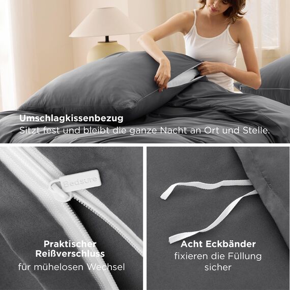 BEDSURE Bettwäsche 135x200 4teilig Anthrazit - 2 Bettbezüge 135x200 cm + 2 Kissenbezüge 80X80 cm, ÖKO-TEX Bettwäsche-Sets Grau Polyester Mikrofaser mit Reißverschluss