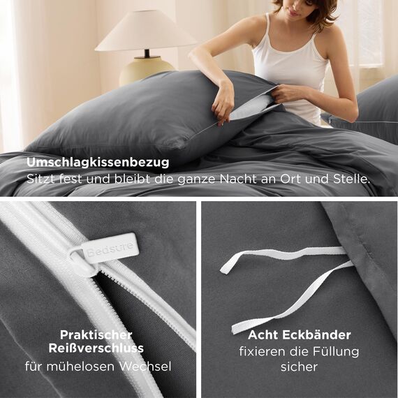 BEDSURE Bettwäsche 200x200 3teilig Anthrazit - 1 Bettbezug 200x200 cm + 2 Kissenbezüge 80X80 cm, ÖKO-TEX Bettwäsche-Sets Grau Polyester Mikrofaser mit Reißverschluss