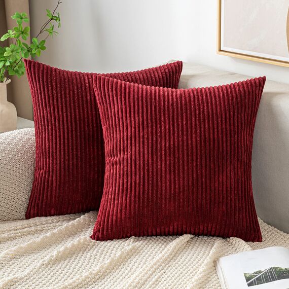 EMEMA Kissenbezug 45x45 cm Weihnachten Kordsamt Kissenbezüge Dekokissen Sofakissen Cord Kissenhülle Zierkissenbezug Kord Dekorative Weiche für Sofa Wohnzimmer Schlafzimmer 2er Set WeinRot