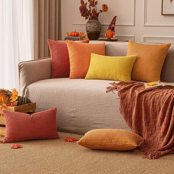EMEMA Kissenbezug 50x50 cm Herbst Kordsamt Kissenbezüge Dekokissen Sofakissen Cord Kissenhülle Zierkissenbezug Kord Dekorative Weiche für Sofa Wohnzimmer Schlafzimmer 2er Set Gebranntes Orange